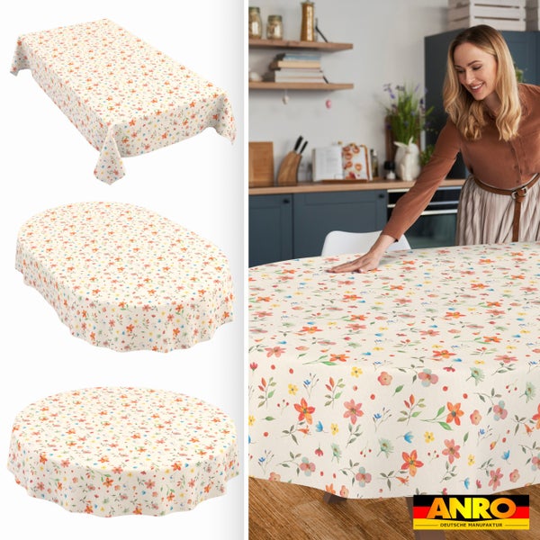 Tischdecke mit Blumenmuster in rechteckiger, ovaler und runder Form, einzeln und in einer hellen Küche dargestellt. ANRO Deutsche Manufaktur Logo.