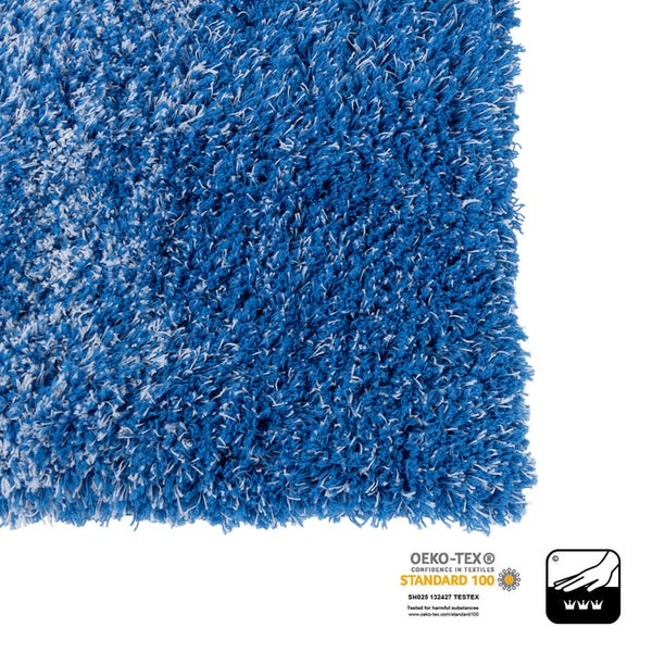 Blauer Hochflor Teppich mit Öko-Tex Standard 100 Siegel