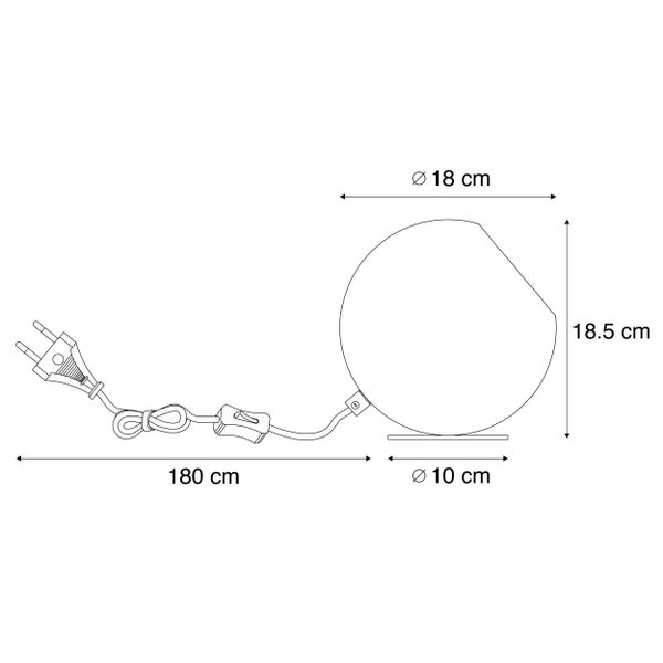 Maßzeichnung einer runden Leuchte mit einem Durchmesser von 18 Zentimetern, einer Höhe von 18,5 Zentimetern und einer Kabellänge von 180 Zentimetern.