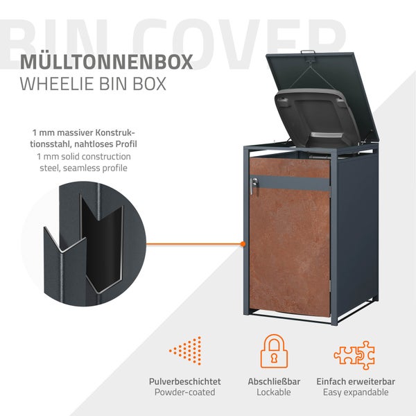 ML-Design Mülltonnenbox 1er für 1 Tonne 240L 68x80x116,3 cm, Anthrazit-Rostoptik, Stahl/Cortenstahl, Abschließbare Mülltonnenverkleidung Klappdeckel/Tür, Müllbox Mülltonnecontainer Mülltonnenabdeckung