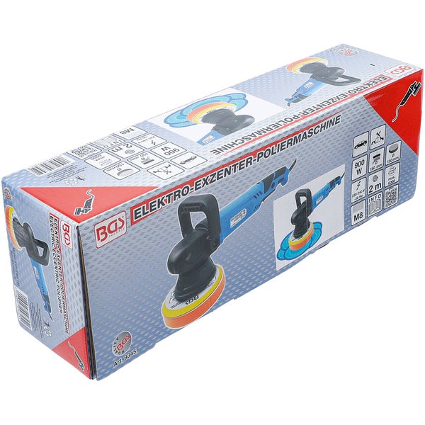 BGS Technic Elektro-Exzenter-Poliermaschine in Originalverpackung mit 900 Watt Leistung und 150 Millimeter Scheibendurchmesser.