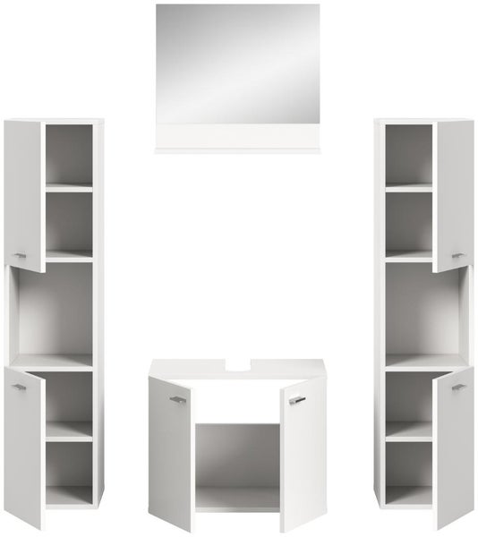 Mehrteiliges Badezimmermöbel-Set in Weiß mit zwei Hochschränken, einem Waschbeckenunterschrank und einem Spiegel mit Ablage.