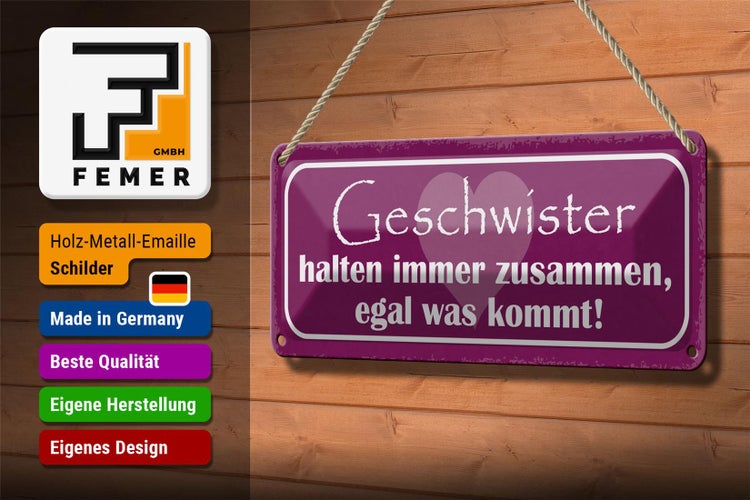 Blechschild Spruch 27x10cm Geschwister halten zusammen Dekoration