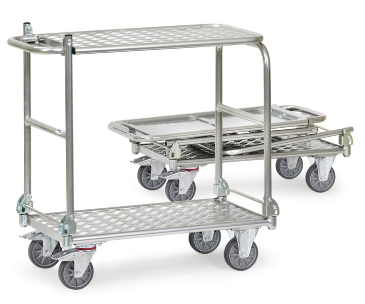 Etagenwagen mit zwei Ablageflächen und klappbarem Design.