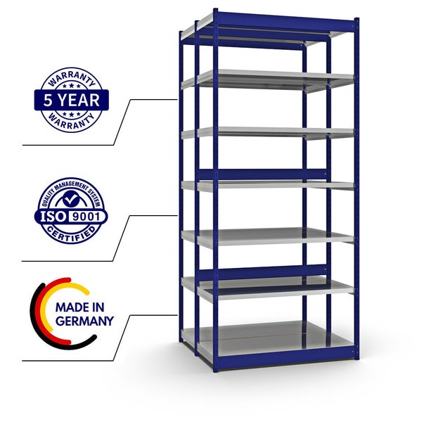 PROREGAL Fachbodenregal Stecksystem Vierkant-Profil Grundregal HxBxT 300 x 132,5 x 50 cm 2x7 Ebenen Doppelseitige Bauart Fachlast 200 kg Enzianblau