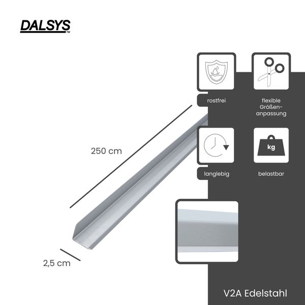 Dalsys Logo, V2A Edelstahlprofil, 250 Zentimeter lang, 2,5 Zentimeter breit, Symbole für rostfrei, flexible Größenanpassung, langlebig und belastbar.