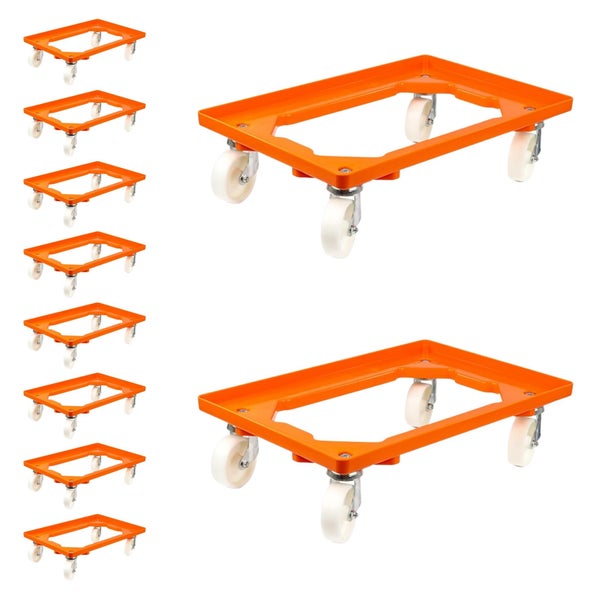 PROREGAL SparSet 10x Transportroller für Euroboxen 60 x 40 cm mit Kunststoffräder Orange Offenes Deck 4 Lenkrollen Traglast 300 kg