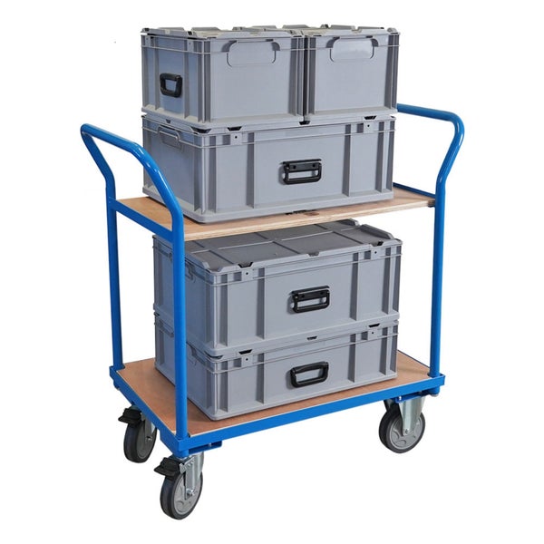 Etagenwagen mit grauen Euroboxen auf zwei Ebenen