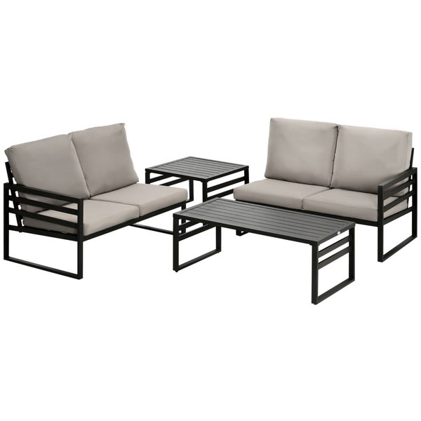 Outsunny 4-tlg. Gartenmöbel-Set, Gartenlounge-Set mit Sitzkissen, zwei Doppelsofas, 128L x 79B x 76,5H cm, Stahl, Hellgrau+Schwarz