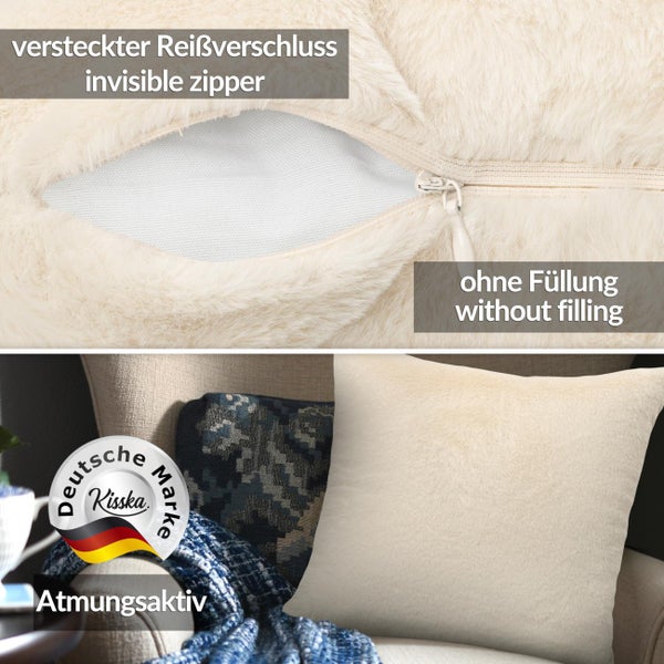 Plüsch-Kissenhülle mit verstecktem Reißverschluss, ohne Füllung, atmungsaktiv. Kisska Logo.