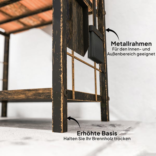 Metallrahmen Brennholzregal mit Schaufel und Besen für den Innen- und Außenbereich, erhöhte Basis zur Trockenhaltung des Brennholzes.