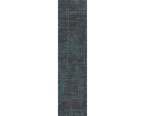 Teppichläufer mit abstraktem Linienmuster in Dunkelgrau und Blau, moderne strukturierte Oberfläche.