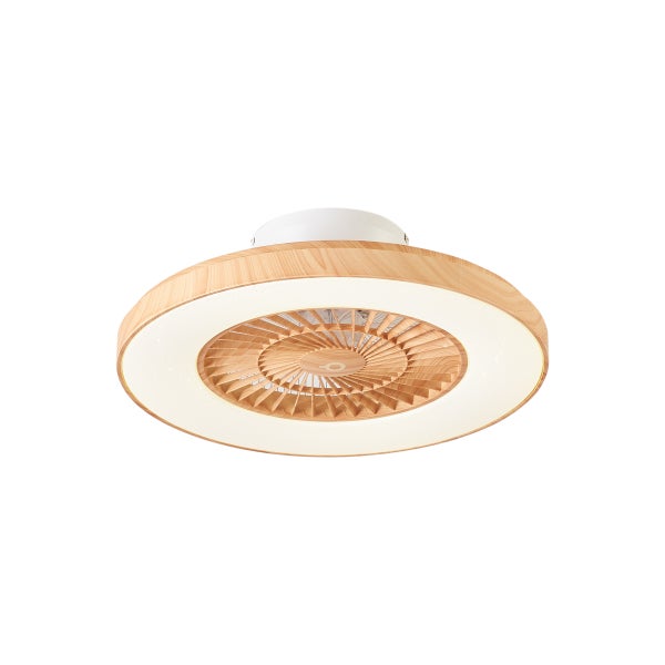 Runder Deckenventilator mit integrierter LED Beleuchtung in Holzoptik.
