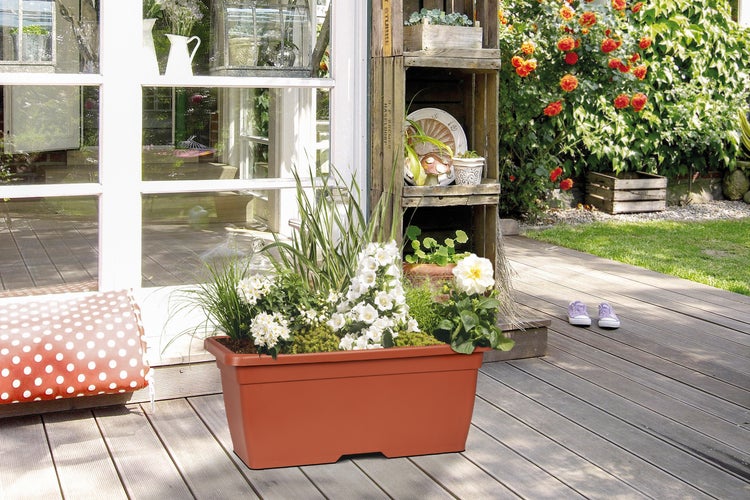 Scheurich Nora Long 60, Pflanzgefäß/Blumentopf/Pflanzkübel, rechteckig, aus Kunststoff, Farbe: Terracotta, 62 cm Breite, 31,5 cm Tiefe, 28 cm hoch, 93,6 l Vol.