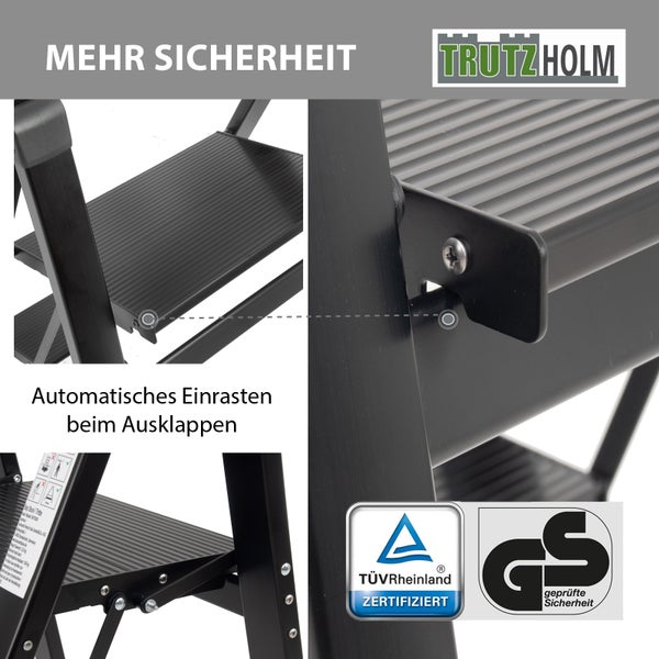 Detailansicht einer TrutzHolm Trittleiter mit TÜV Rheinland Zertifizierung und Geprüfte Sicherheit Siegel.