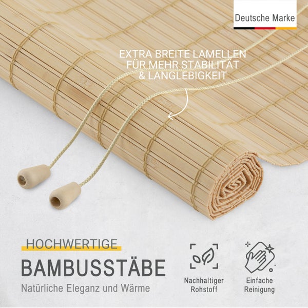 Aufgerolltes Bambusrollo mit extra breiten Lamellen, Zugschnüren, deutsche Marke, nachhaltiger Rohstoff und einfache Reinigung.