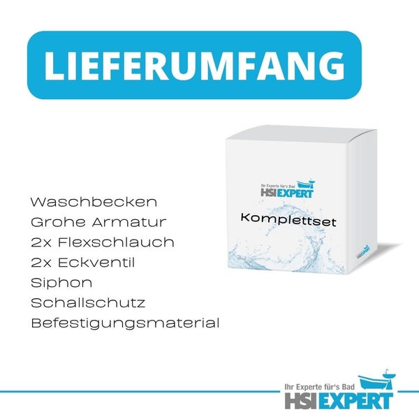 Lieferumfang eines Waschbeckens Komplettsets inklusive Armatur, Flexschläuchen, Eckventilen, Siphon, Schallschutz und Befestigungsmaterial
