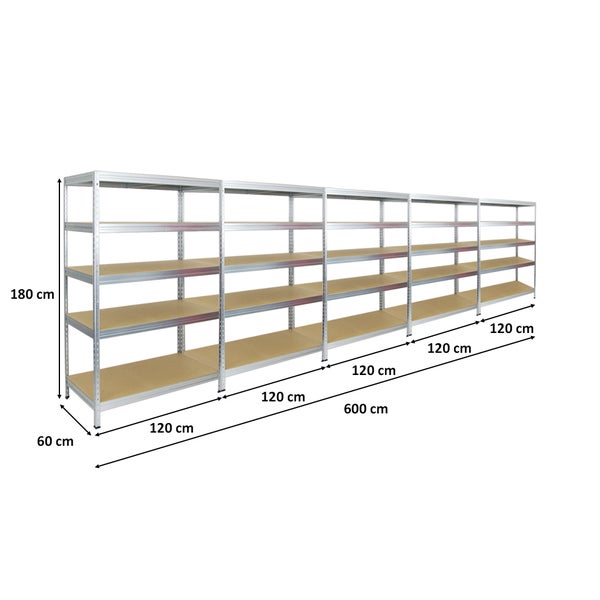 PROREGAL Mega Deal 5x Schwerlastregal Rivet HxBxT 180 x 120 x 60 cm Fachlast 250 kg Verzinkt
