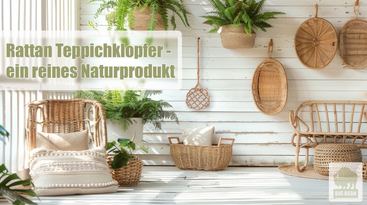 Helle Szene mit Rattanmöbeln, Körben und Dekorationen für den Innenbereich