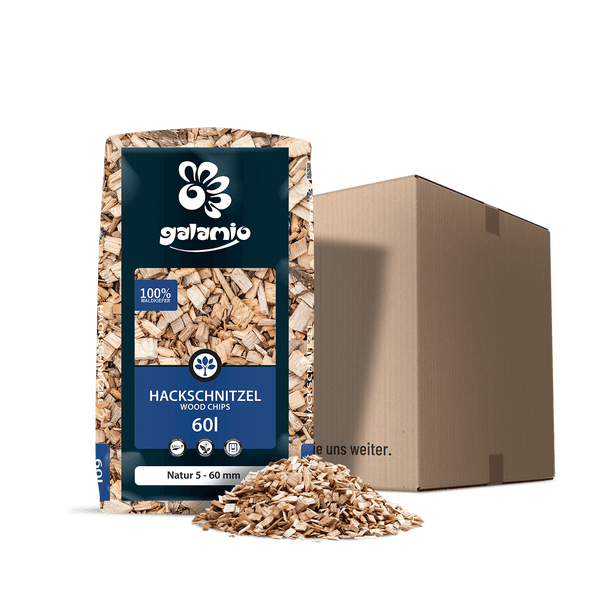 Galamio Hackschnitzel aus 100 Prozent Waldkiefer, 60 Liter Sack, Körnung 5 bis 60 Millimeter, inklusive Versandkarton und loser Probe.
