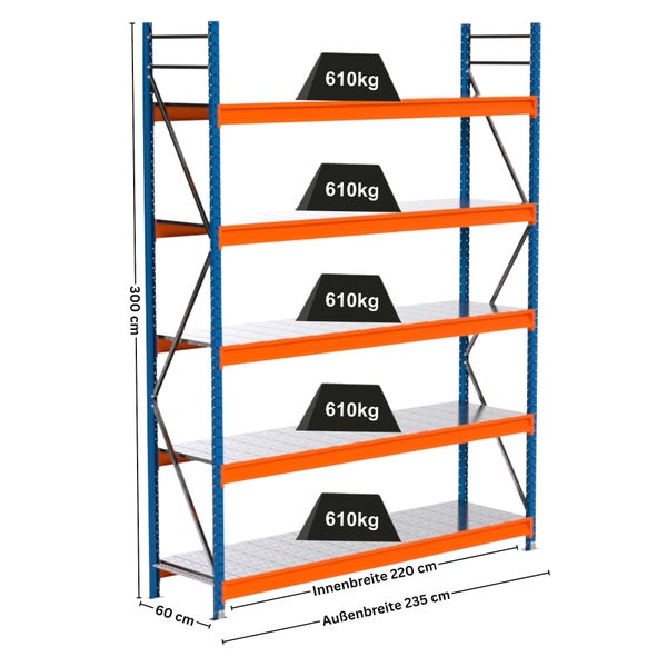 Lagerregal mit fünf Ebenen und Gewichtsangabe