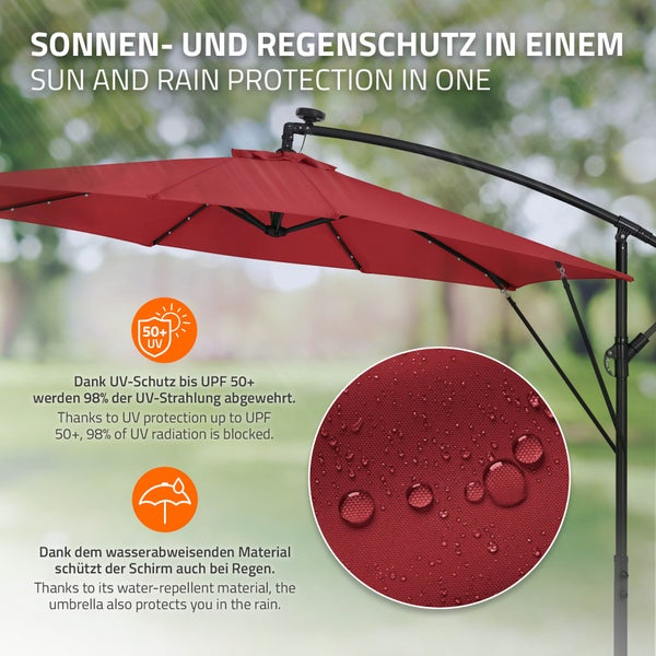 Ampelschirm mit UV Schutz bis Faktor 50 plus und wasserabweisender Bespannung als Sonnen und Regenschutz für den Garten.