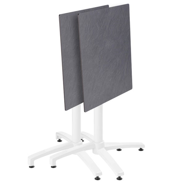 Klapptisch Bistrotisch quadratisch mit Platte in Schieferoptik und weißem Gestell.