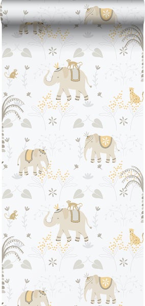 Sanders und Sanders Tapete Elefanten Grau, Gelb und Weiß - 53 cm x 10.05 m - 640628