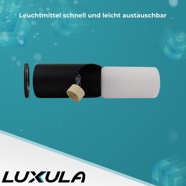 Außenleuchte mit Gehäuse, Fassung und Diffusor zur Veranschaulichung des einfachen Leuchtmittelwechsels. LUXULA Logo.
