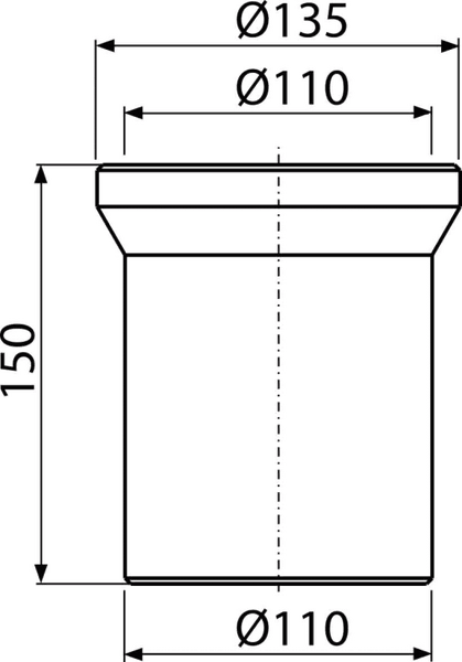 Technische Zeichnung mit Abmessungen: Höhe 150, oberer Durchmesser 135 und 110, unterer Durchmesser 110.