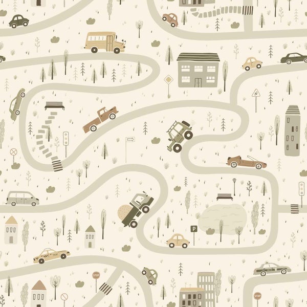 Tapete mit kinderfreundlichem Stadtmuster, zeigt Straßen mit Autos, Häusern und Bäumen, ideal für Kinderzimmer.