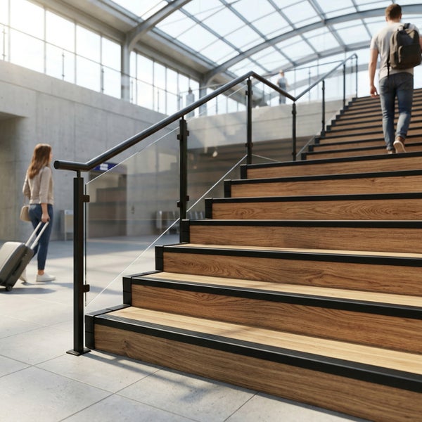 Moderne Treppe mit Stufen in Holzoptik, schwarzen Treppenkantenprofilen und Glasgeländer mit schwarzen Pfosten in einer hellen Halle.