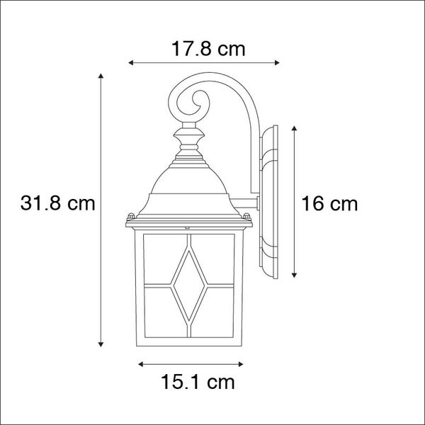 Maßzeichnung einer Außenwandleuchte: Höhe 31,8 Zentimeter, Breite 17,8 Zentimeter, Leuchte 15,1 Zentimeter, Wandhalterung 16 Zentimeter.