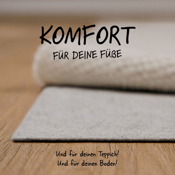 Teppichunterlage aus Vlies auf Holzboden unter einem Teppich für Komfort sowie Schutz von Boden und Teppich.