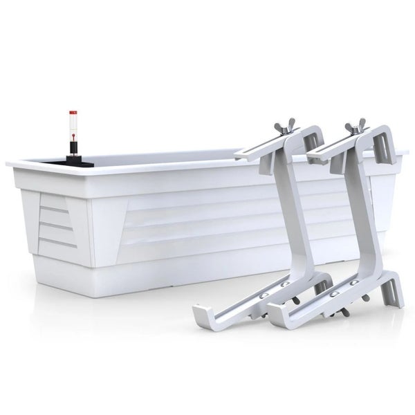Plastard Blumenkasten 60 x 21 x 17 cm Weiß mit Hydroeinsatz, Wasserstandsanzeiger und passender Halterung