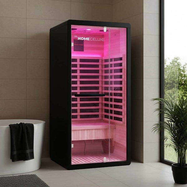Home Deluxe Infrarotkabine in modernem Design mit Ganzglastür und Innenbeleuchtung in einem Badezimmer.