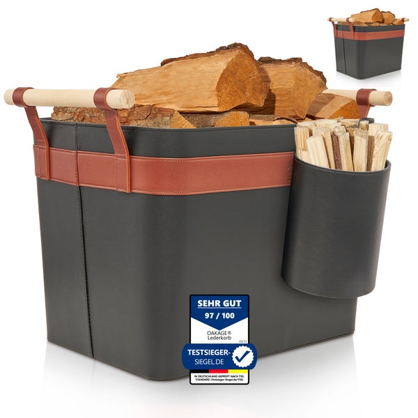 OAKAGE® LuxeLeather Duo Holzkorb Veganes Leder - mit ausreißsicheren Holzgriffen - 50x40x35cm