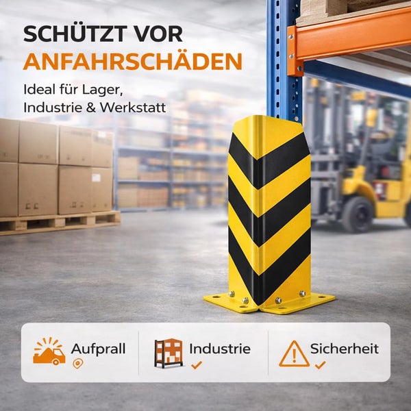 Gelb-schwarzer Rammschutz für Regale in einem hellen Lager mit Gabelstapler. Symbole für Aufprallschutz, industrielle Nutzung und Sicherheit.