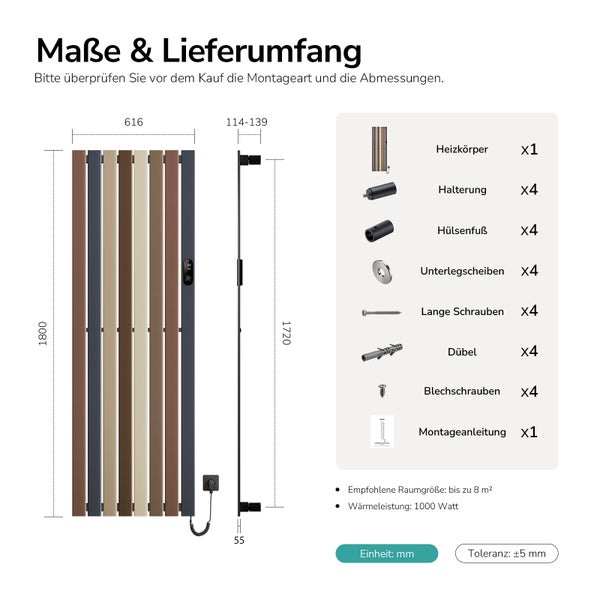 Technische Zeichnung eines Designheizkörpers mit Maßen, Lieferumfang und Montagezubehör sowie Angaben zu Leistung und empfohlener Raumgröße.