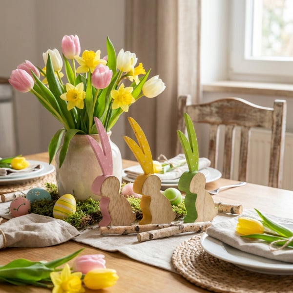 Osterdekoration mit drei Holzhasen, einer Blumenvase mit Tulpen und Narzissen sowie bemalten Ostereiern auf einem gedeckten Holztisch.