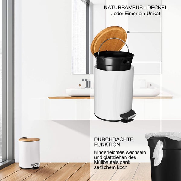VMbathrooms 3L Kosmetikeimer in edlem weißem Design | Tretmülleimer mit Absenkautomatik (Soft Close) | Eleganter Eimer fürs Bad mit Innenbehälter und Bambus-Holzdeckel