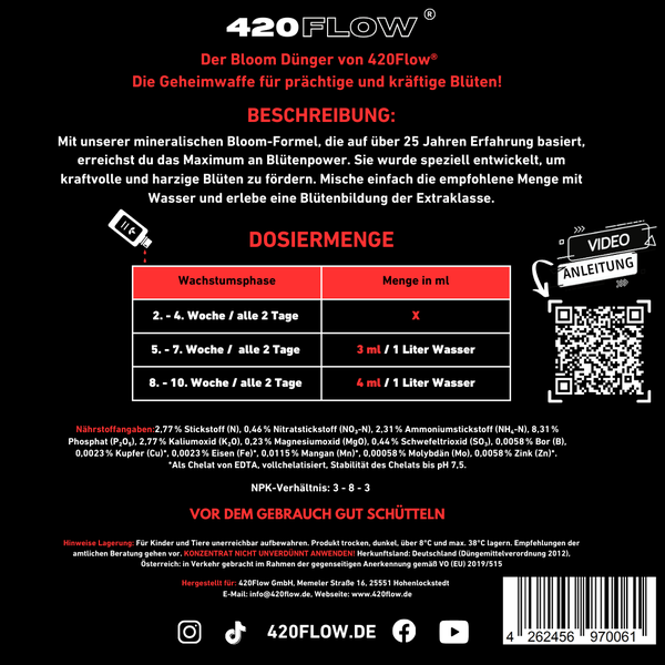 420Flow Bloom Dünger Informationen mit Dosierungstabelle, Inhaltsstoffen und QR Code für Videoanleitung.