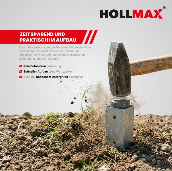 Ein Hammer schlägt eine Hollmax Einschlagbodenhülse in die Erde. Text erläutert die zeitsparende Installation ohne Betonieren. Hollmax Logo.