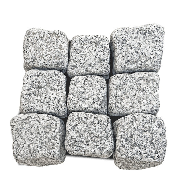 Pflastersteine aus Granit mit gespaltener Oberfläche, neun Stück in einer Gruppe.