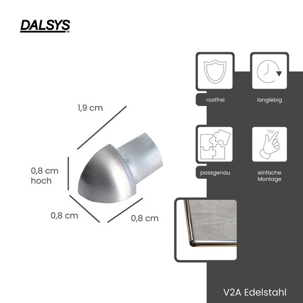 DALSYS Logo. Außenecke für Profile aus V2A Edelstahl, 0,8 Zentimeter hoch, 1,9 Zentimeter lang. Rostfrei, langlebig, passgenau und einfach montiert.
