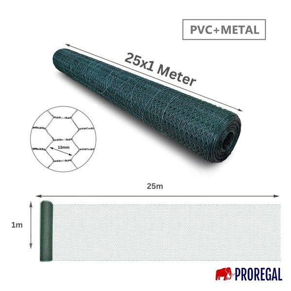PROREGAL Maschendrahtzaun Sechseckgeflecht Keepy Höhe 1,0 Meter Länge 25 Meter Maschenweite 13 mm Drahtstärke 1,0 mm PVC-Beschichtet Grün