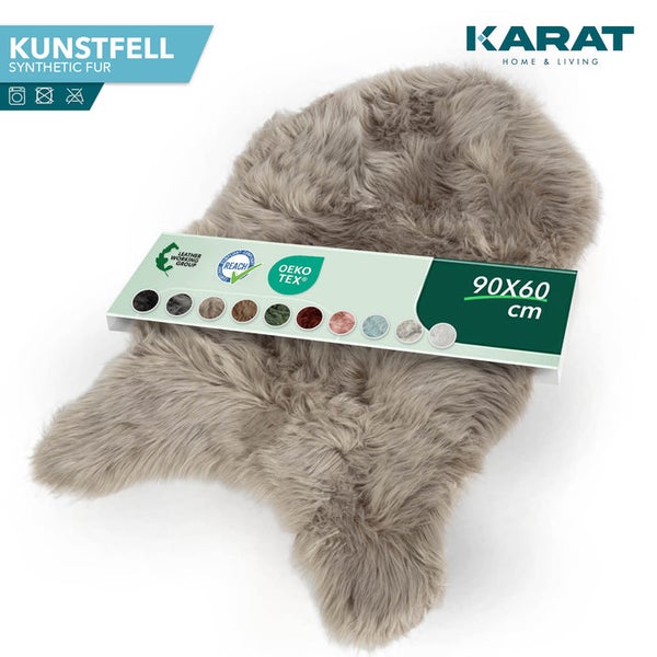 Kunstfell von Karat Home und Living, 90 mal 60 Zentimeter, schadstoffgeprüft, Karat Home und Living Logo.