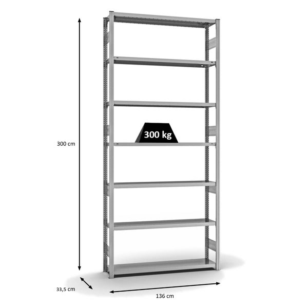PROREGAL Fachbodenregal Stecksystem T-Profil Heavy-Duty Grundregal HxBxT 300 x 130 x 30 cm 7 Ebenen Fachlast 300 kg Beidseitig Nutzbar Verzinkt