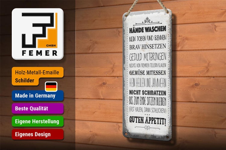 Blechschild Spruch Hände waschen kein toben rennen 10x27cm