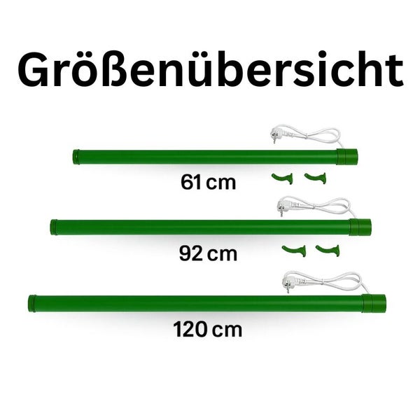 Größenübersicht von grünen Pflanzenheizkabeln mit unterschiedlichen Längen